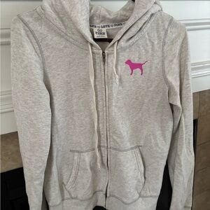 Victoria's Secret PINK Heather Gray Hoodie with Navy Logo Trim